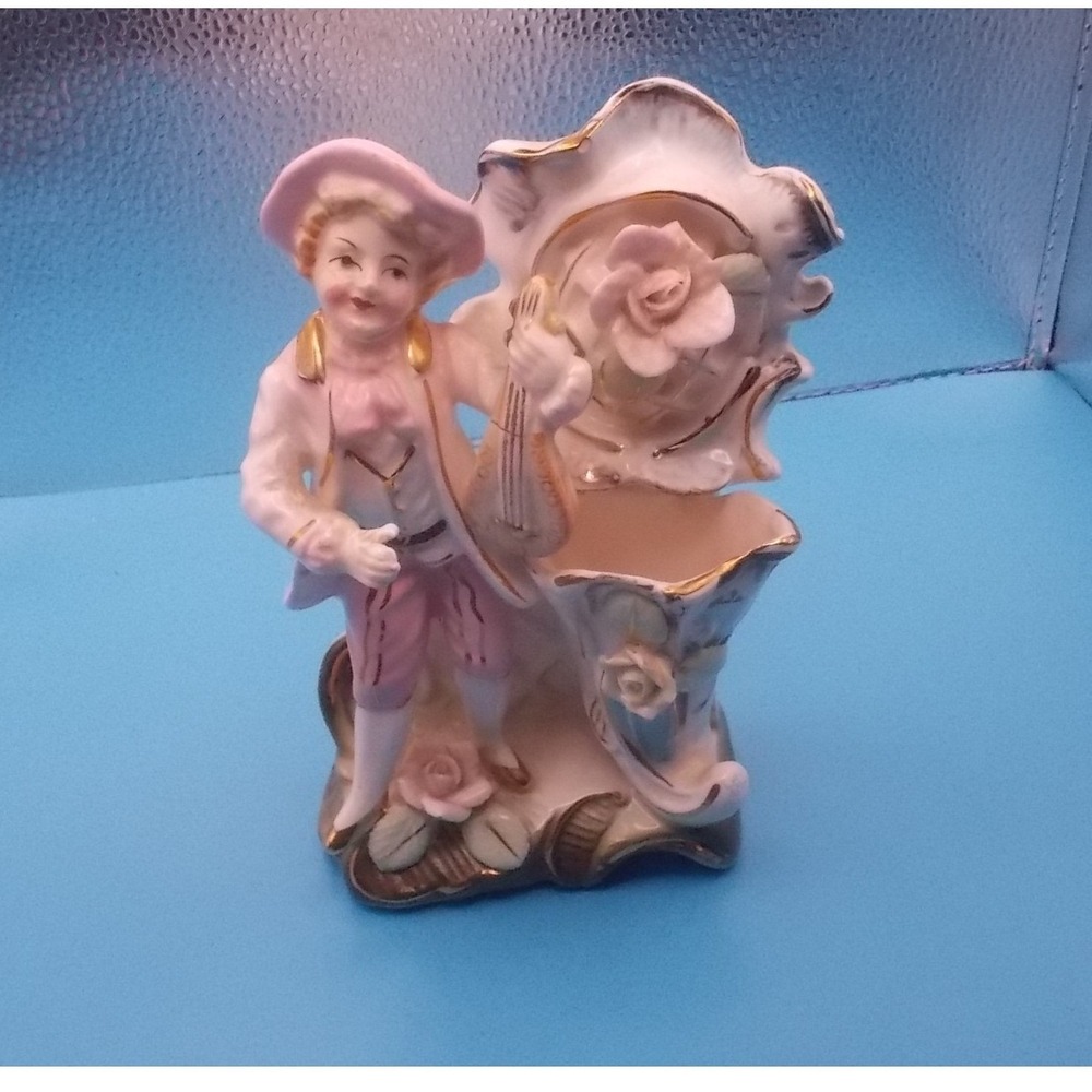 Vintage Ucagco Ceramics Japan Boy with Lute Figurine Bud Vase Pink Roses Gold